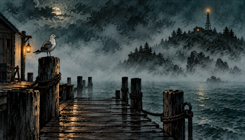 A lamplit dock on a fog-covered island